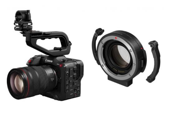 [L-R] Canon EOS C70 with the RF24-105mm F4 L IS USM and Mount Adapter EF-EOS R 0.71x